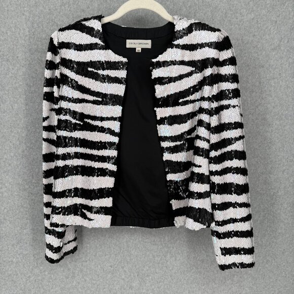 Cecily Brown Womens VTG Silk All Over Sequin Jacket Size XS Black White Zebra - Picture 1 of 12